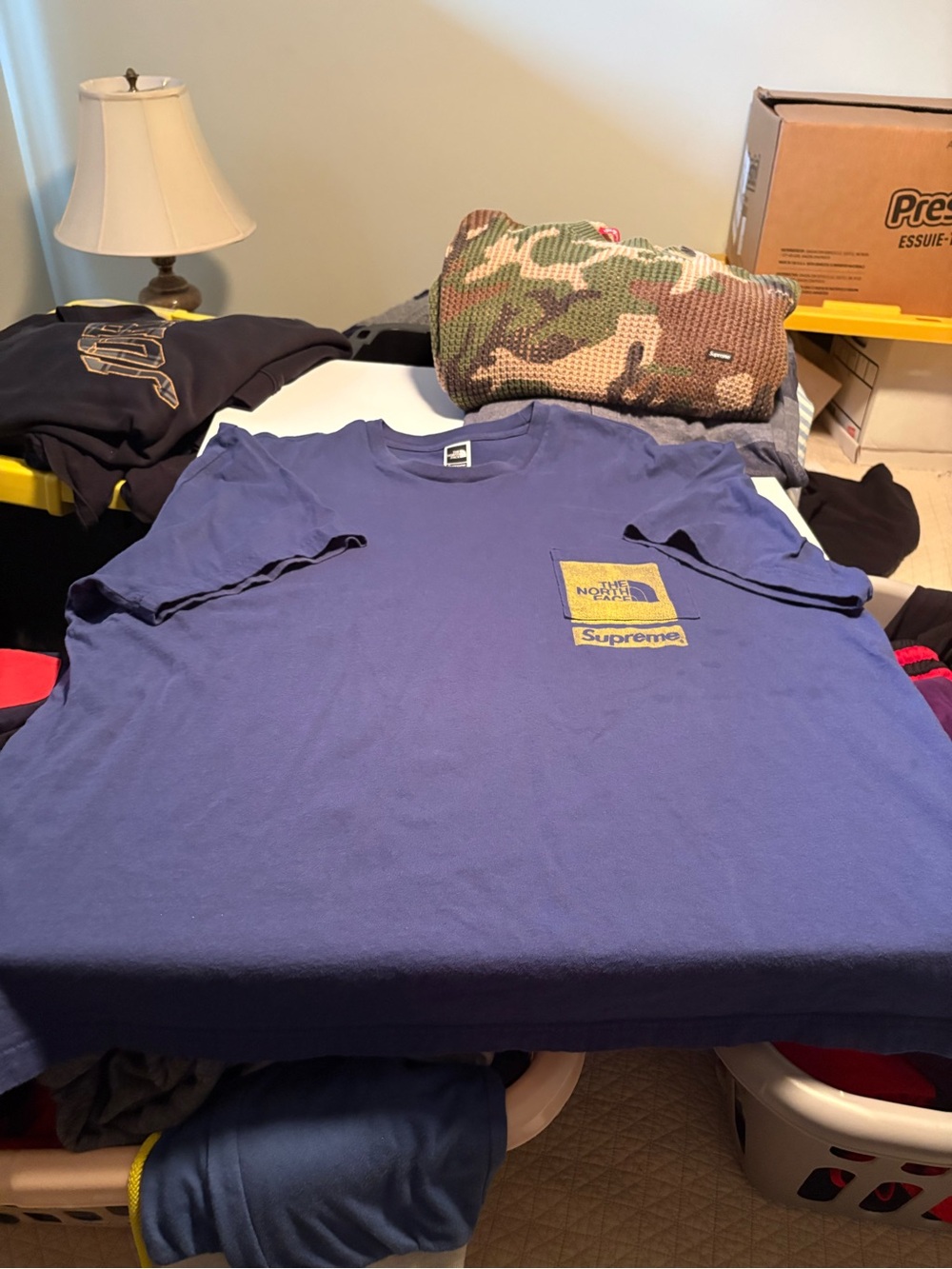 Supreme x Northface Navy Blue Short Sleeve Tee with Yellow Box Logo XXL rare